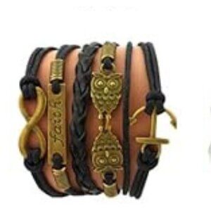 Handmade Braided Multi Layers Vintage Woven Rope Woven Leather Alloy Owl Bangle